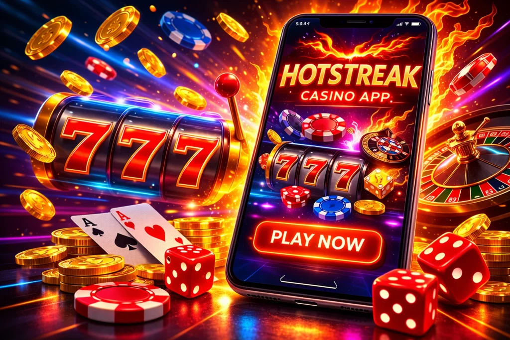 Hotstreak Casino App on smartphone with 777 slot machine, poker chips, dice, roulette wheel and glowing casino coins