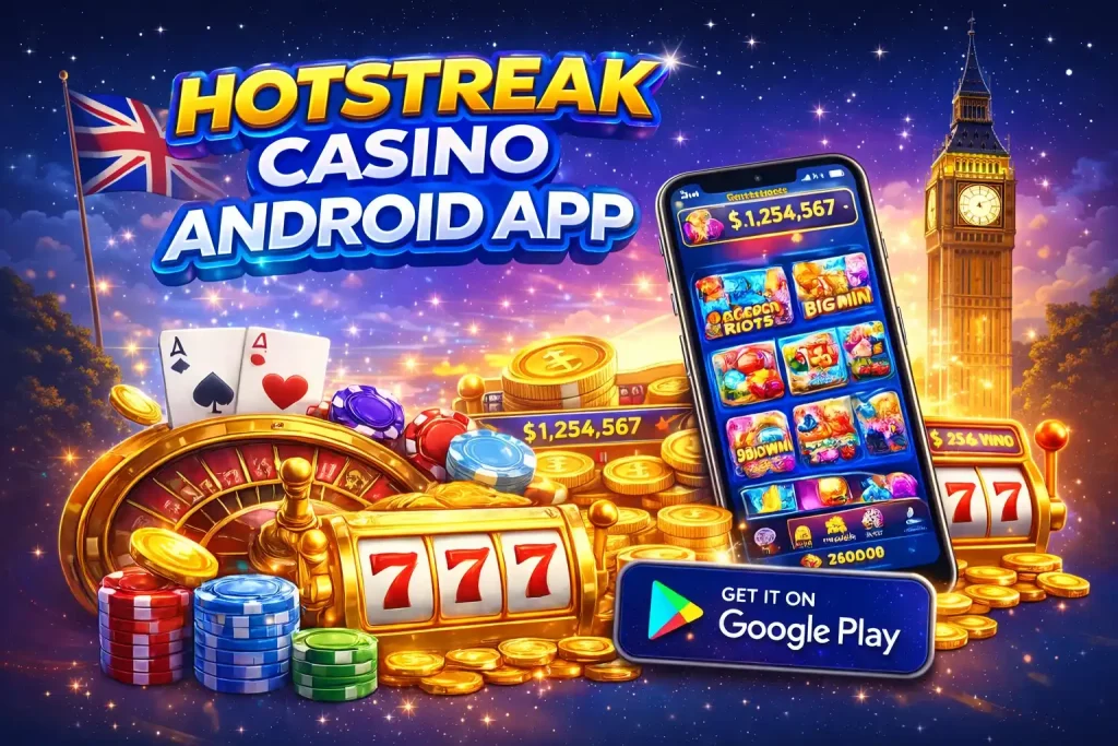 Hotstreak Casino Android App UK – mobile casino illustration with smartphone interface, poker chips, roulette wheel, slot machine and London skyline background