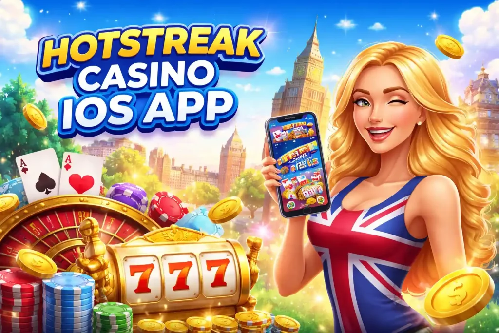 Hotstreak Casino iOS App UK – mobile gaming illustration with smartphone casino interface, poker chips, roulette wheel, playing cards and London skyline background