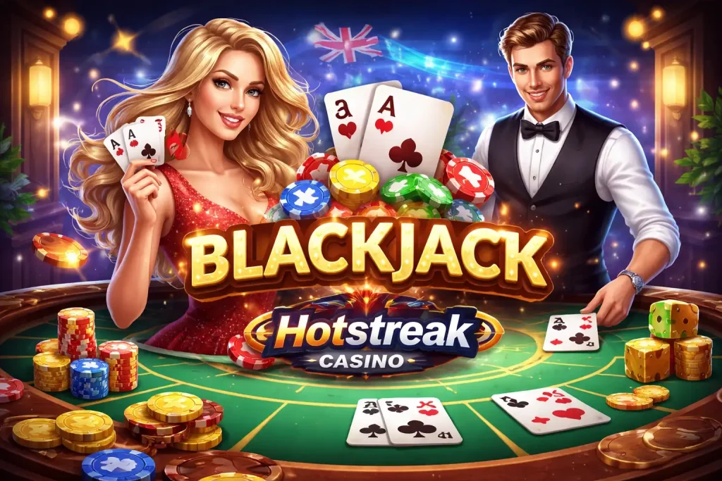 Hotstreak Casino Blackjack UK – blackjack table with cards, chips, and glowing casino atmosphere
