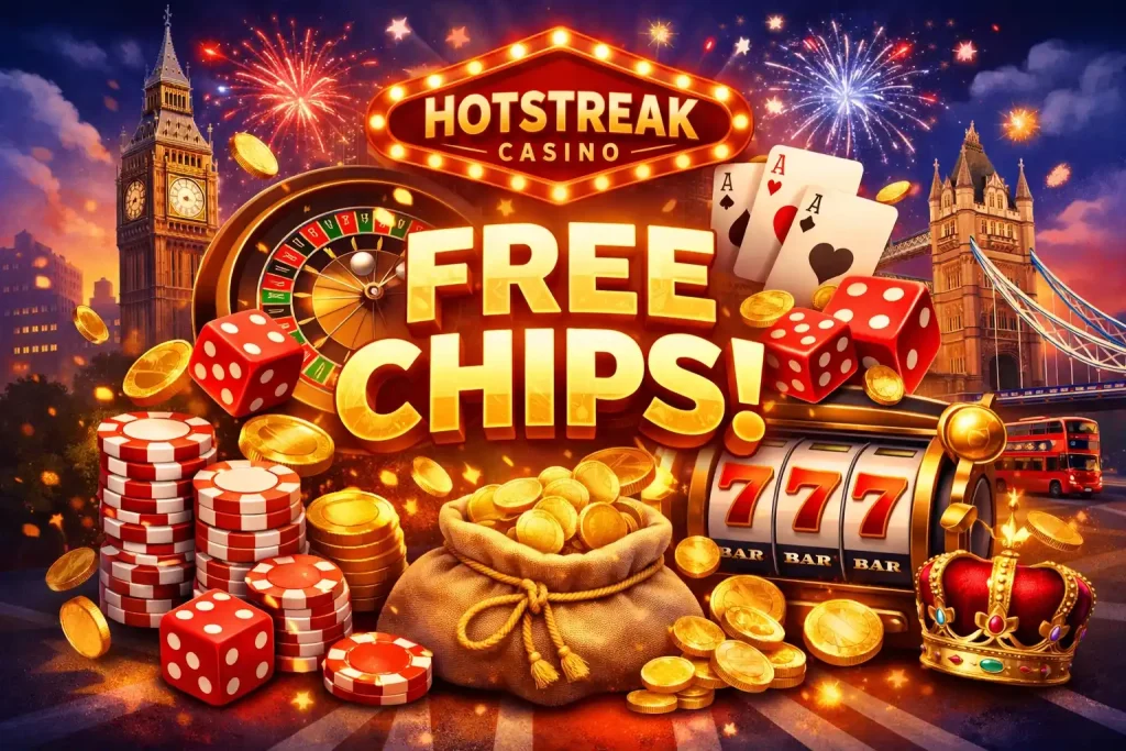 Hotstreak Casino free chips promotion banner with UK landmarks, roulette wheel, slot machine, poker cards, dice and gold coins with glowing “Free Chips” text