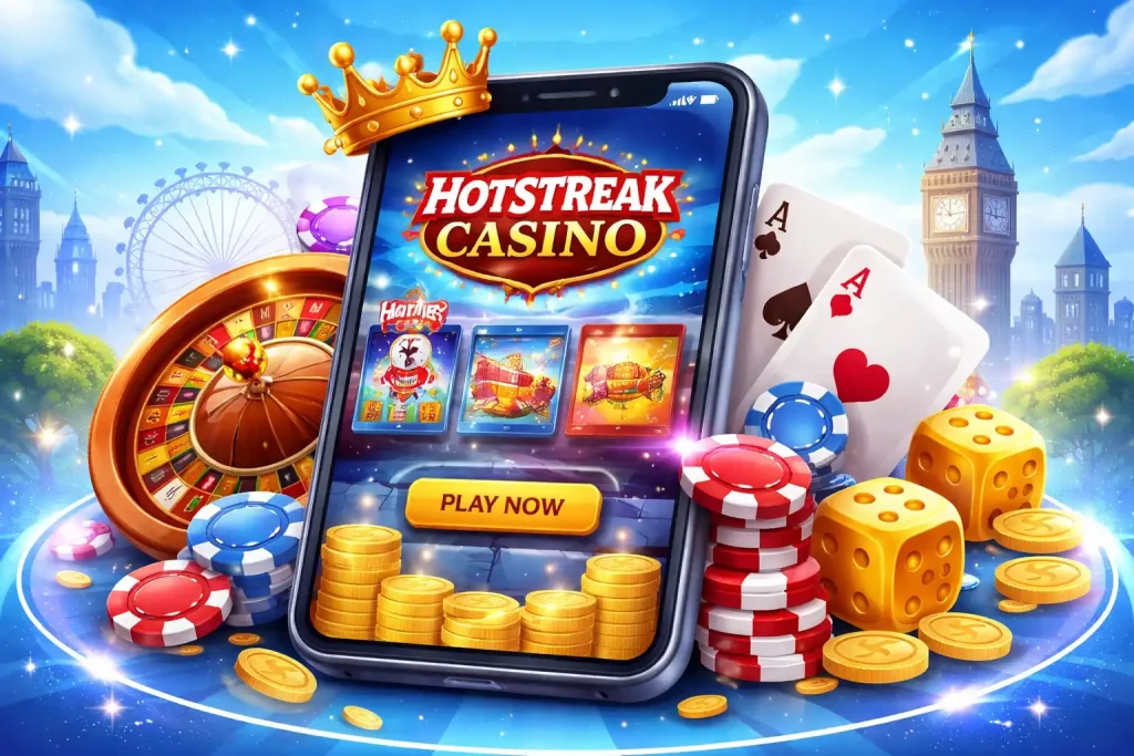 Hotstreak Casino mobile app on smartphone with roulette wheel, poker cards, dice and coins, set against a UK city background with modern gaming visuals