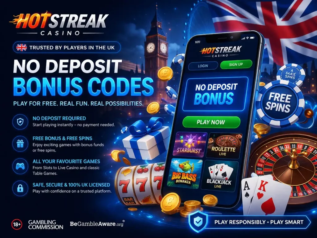 Hotstreak Casino no deposit bonus codes banner with UK theme, smartphone displaying free bonus, casino chips, roulette wheel and slot machine on blue neon background
