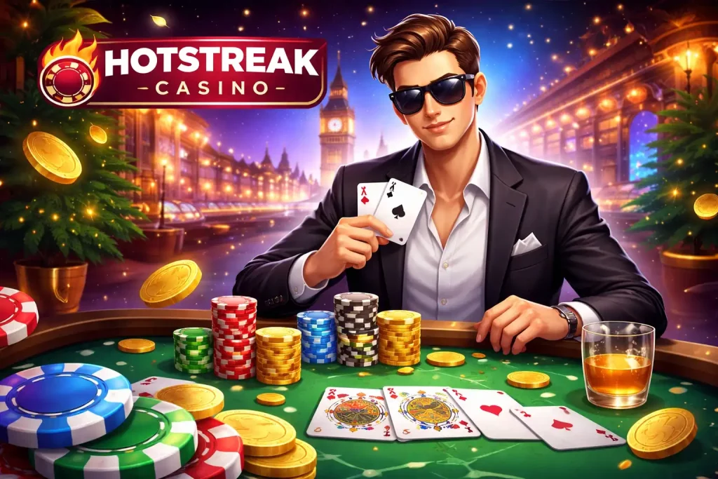 Hotstreak Casino Poker UK – luxury poker table with chips, cards, and London night skyline backdrop