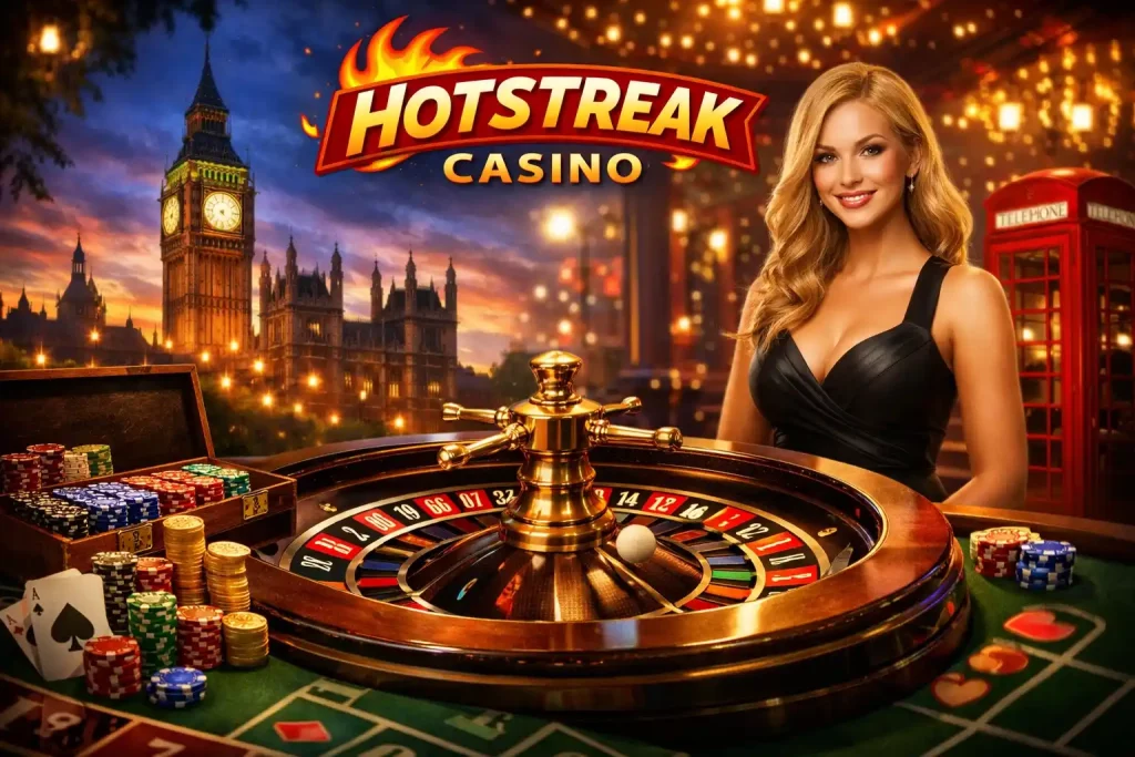 Hotstreak Casino Roulette UK – luxury roulette wheel with chips, cards, and London landmarks background