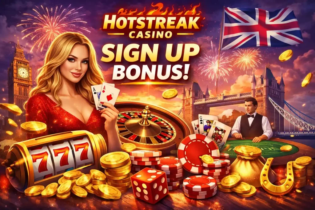 Hotstreak Casino sign up bonus banner with UK theme, London skyline, casino chips, dice and coins, promoting welcome bonus offer for new players