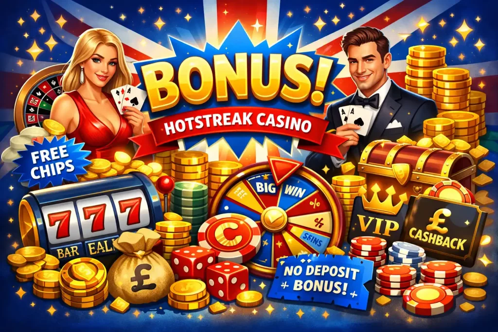 Hotstreak Casino bonus illustration with free spins, cashback, VIP rewards and UK-themed casino elements