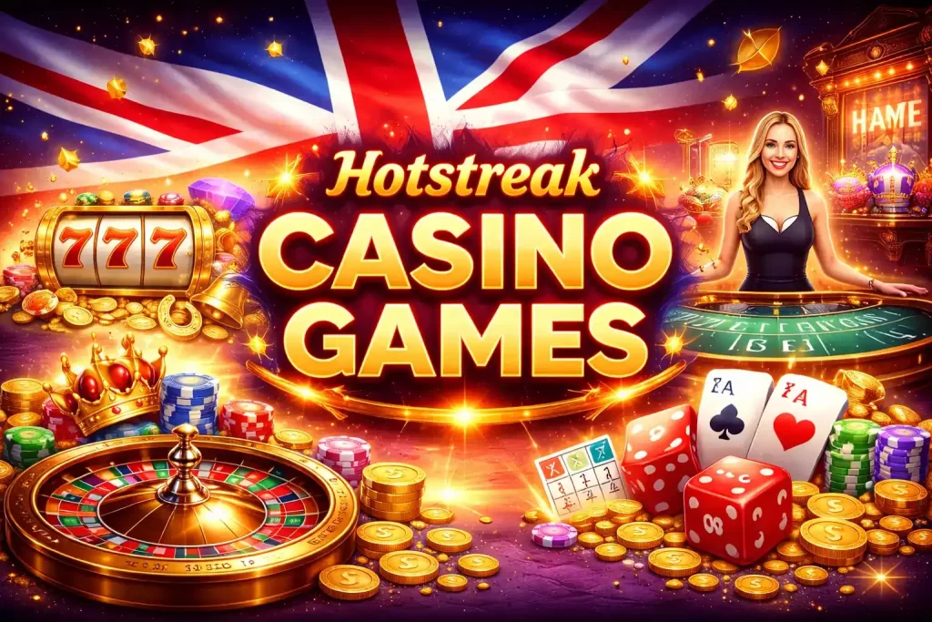 Hotstreak Casino games illustration featuring UK-themed casino elements including roulette wheel, cards, dice, chips, and vibrant gaming atmosphere