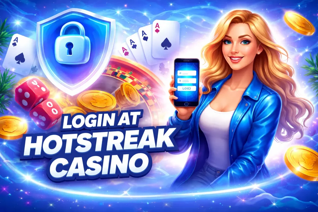 Hotstreak Casino login screen illustration with secure access, mobile login interface and casino elements for UK players