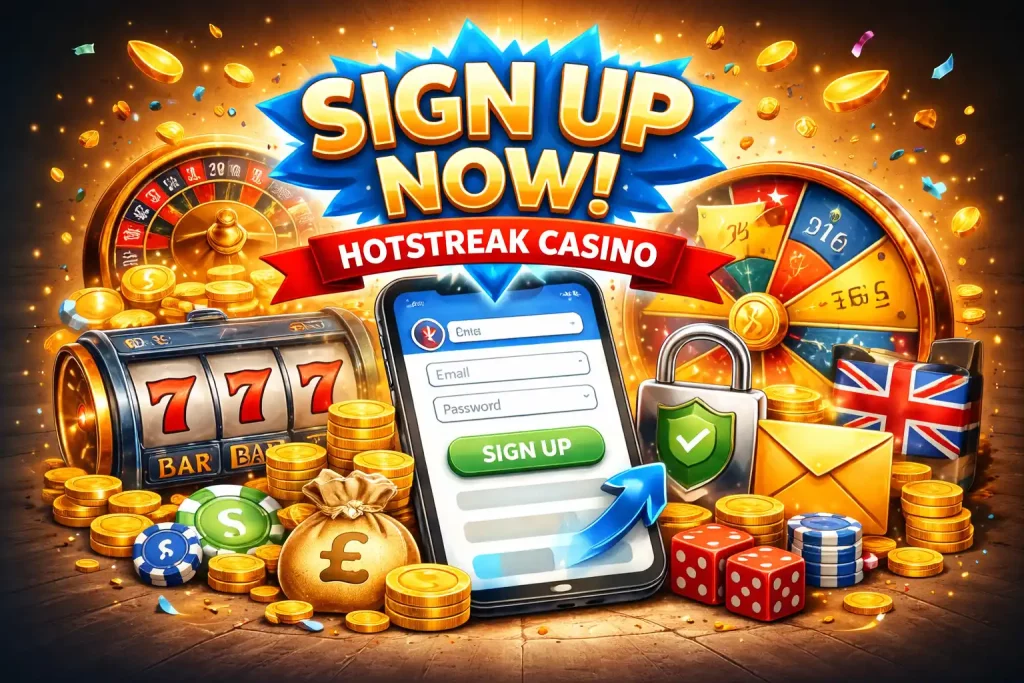 Hotstreak Casino sign up illustration with secure registration form, mobile app interface and UK-themed casino elements