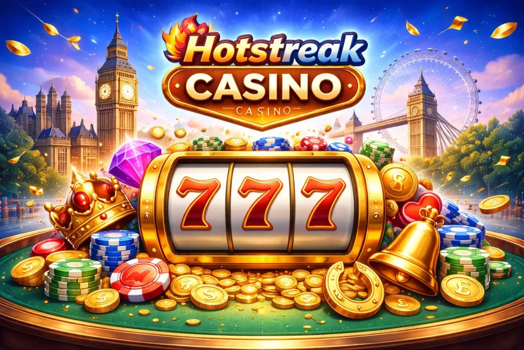 Hotstreak Casino slots illustration featuring UK-themed slot machine with 777 reels, gold coins, chips, and vibrant casino elements